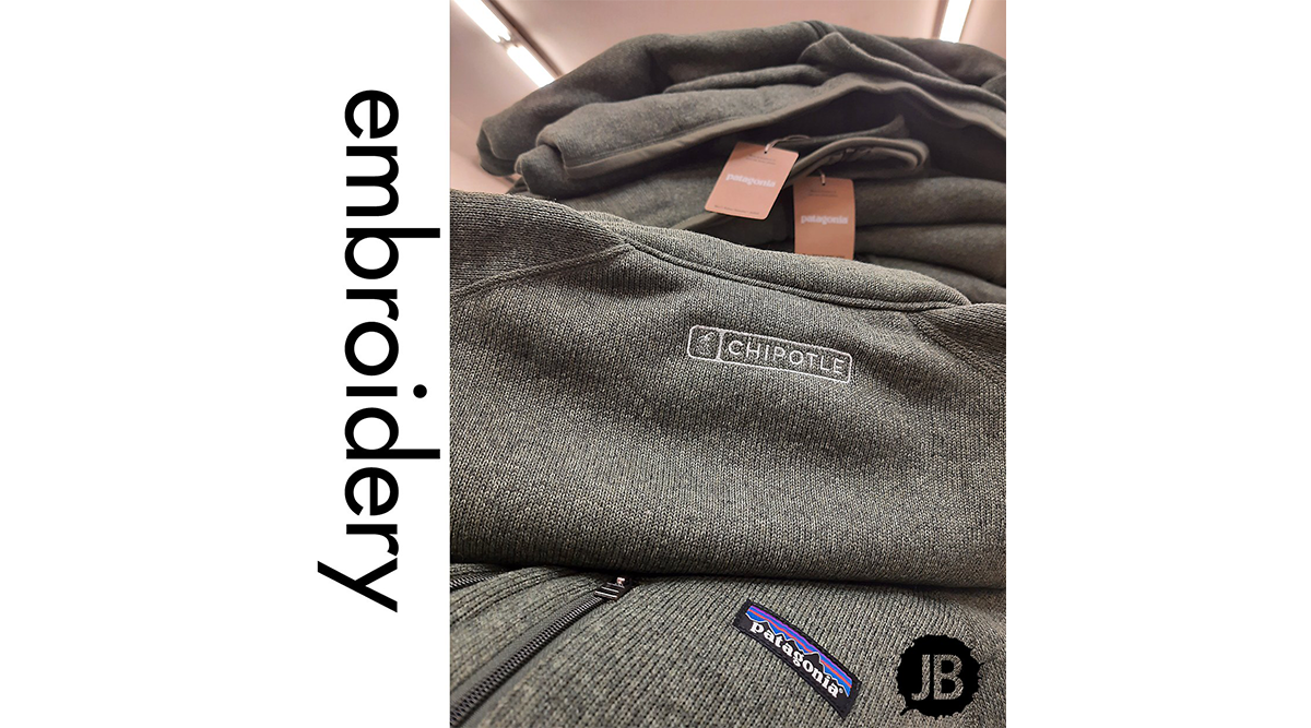 Customer-provided Patagonia fleece and bags prepared for embroidery